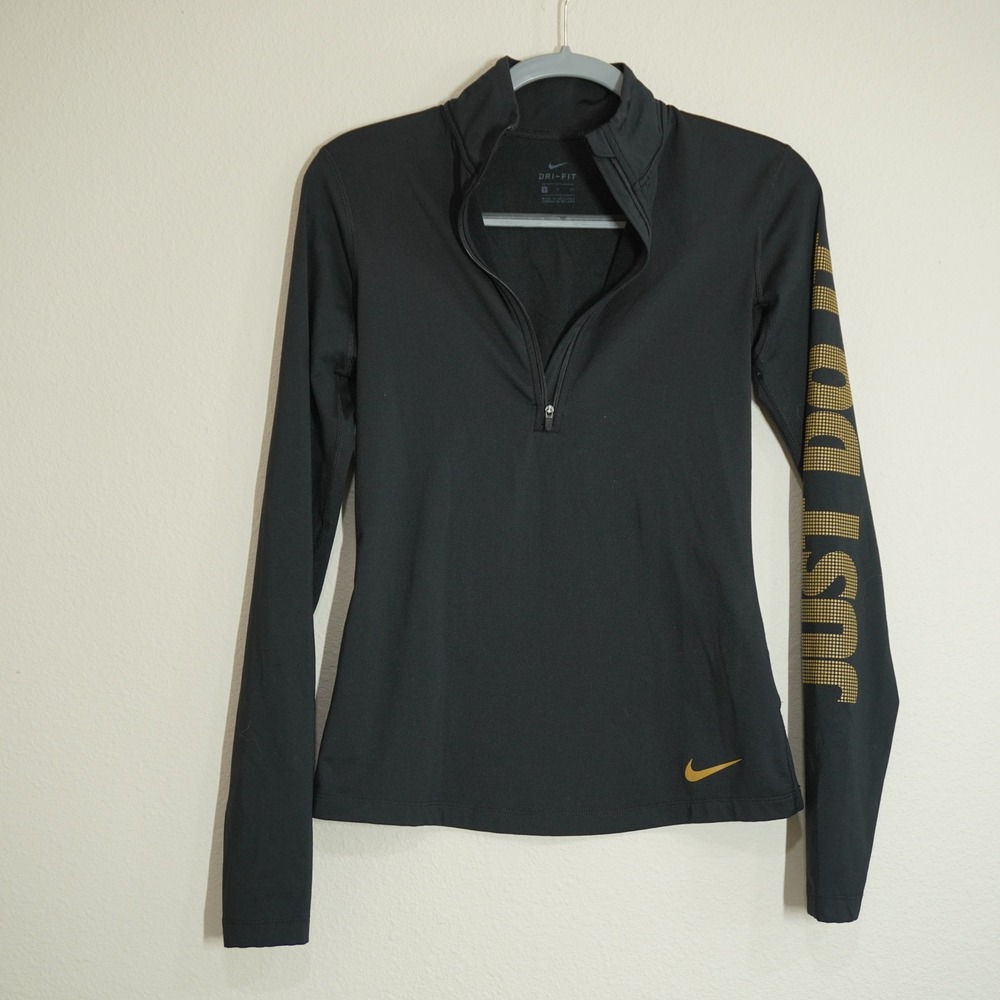 Nike Dri-FIT Womens Small Quarter Zip Running Top Black Gold Just Do It Athletic